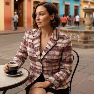 St. John Collection Santana Plaid Blazer in Red and Cream Sz 8